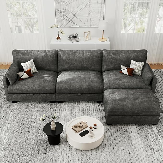 OhaiAura Modular Sectional L Shaped Sofa Couches for Living Room, Cloud Couch with Storage Ottoman, Comfy Chenille Sofa with Pillow, Dark Gray