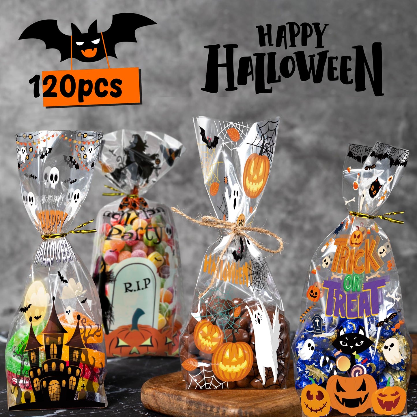 Halloween Party Favors - 120 PCS Halloween Cellophane Treat Bags - Goodie Bags for Kids | Candy Snack Cookie Trick or Treat Gift Basket Party Decorations Crafts Supplies Indoor Outdoor,5.1x10.6 Inch