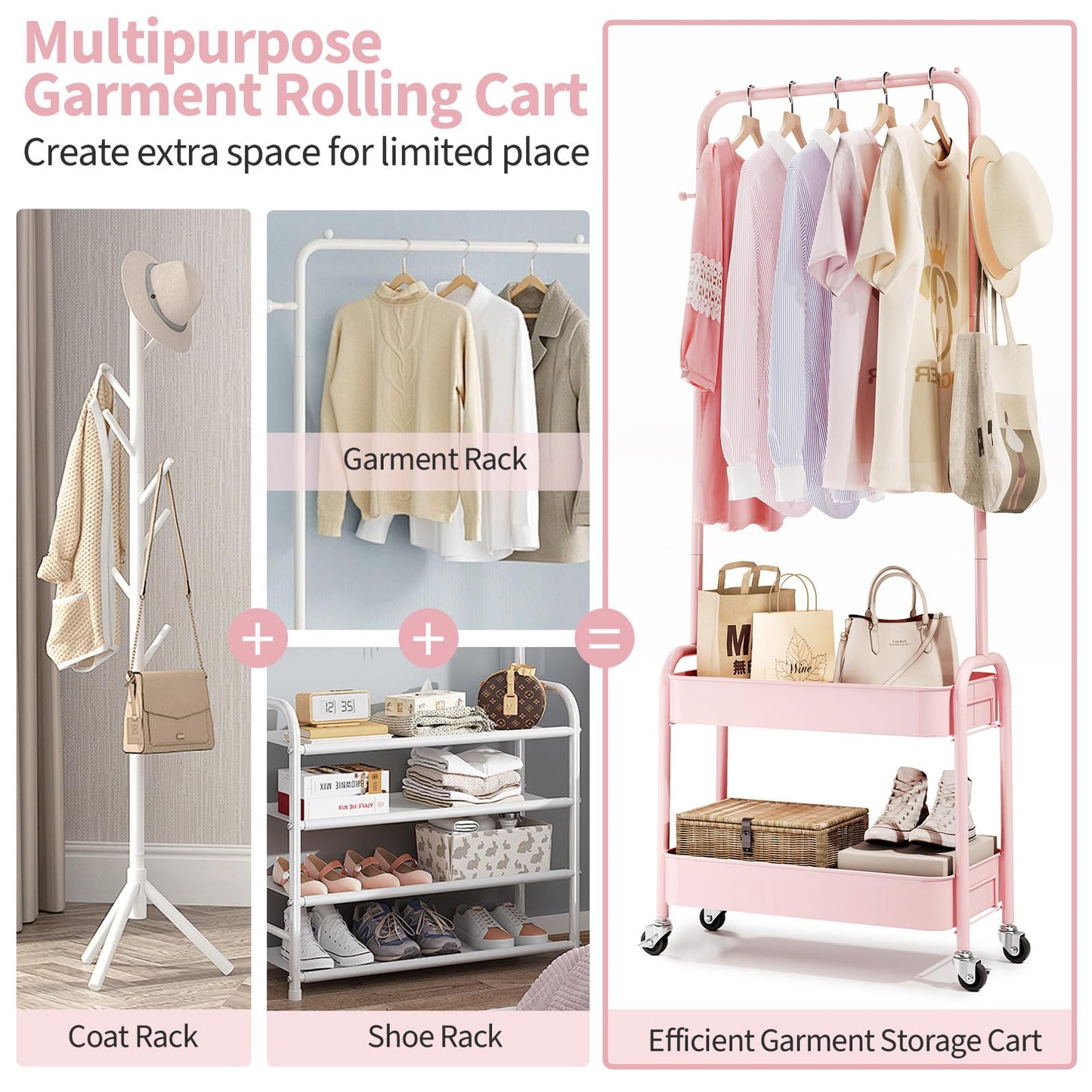 KINGRACK Kids Clothing Rack, Small Clothes Rack with Metal Basket, Wardrobe Rack with Wheels, Child Rolling Garment Rack Storage for Clothes, Coats, Skirts, Pink