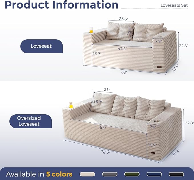 MAXYOYO Boneless Couch and Loveseat Sets for Small Spaces, Mini Love Seat Floor Couch with Cup Holders and Pillows, Upholstered Cloud Couch for Bedroom Apartment, No Assembly Required