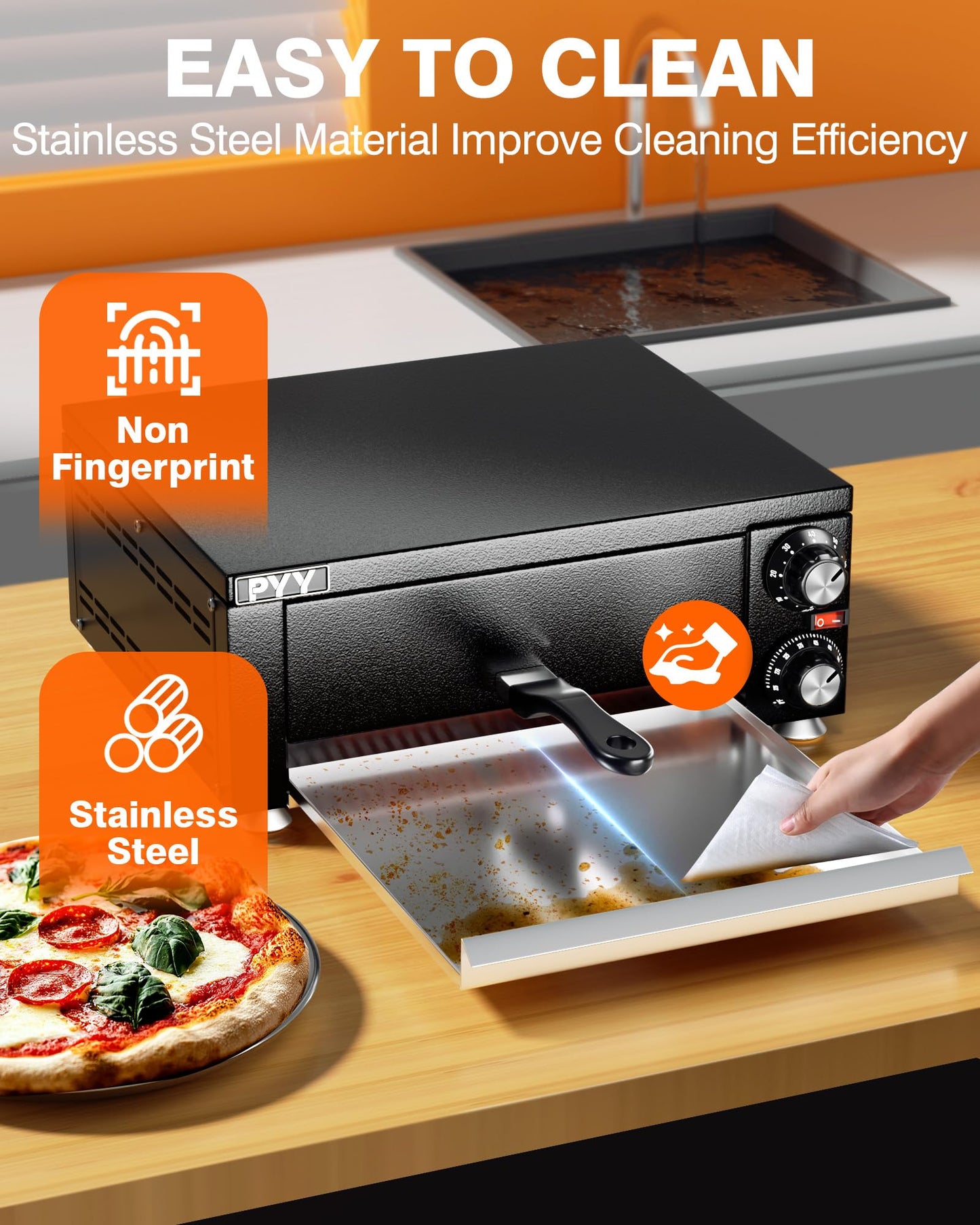 PYY Electric Pizza Oven Indoor Countertop Pizza Oven Commercial Pizza Maker Machine for Home with Timer Stainless Steel Pizza Cooker,Matte Black