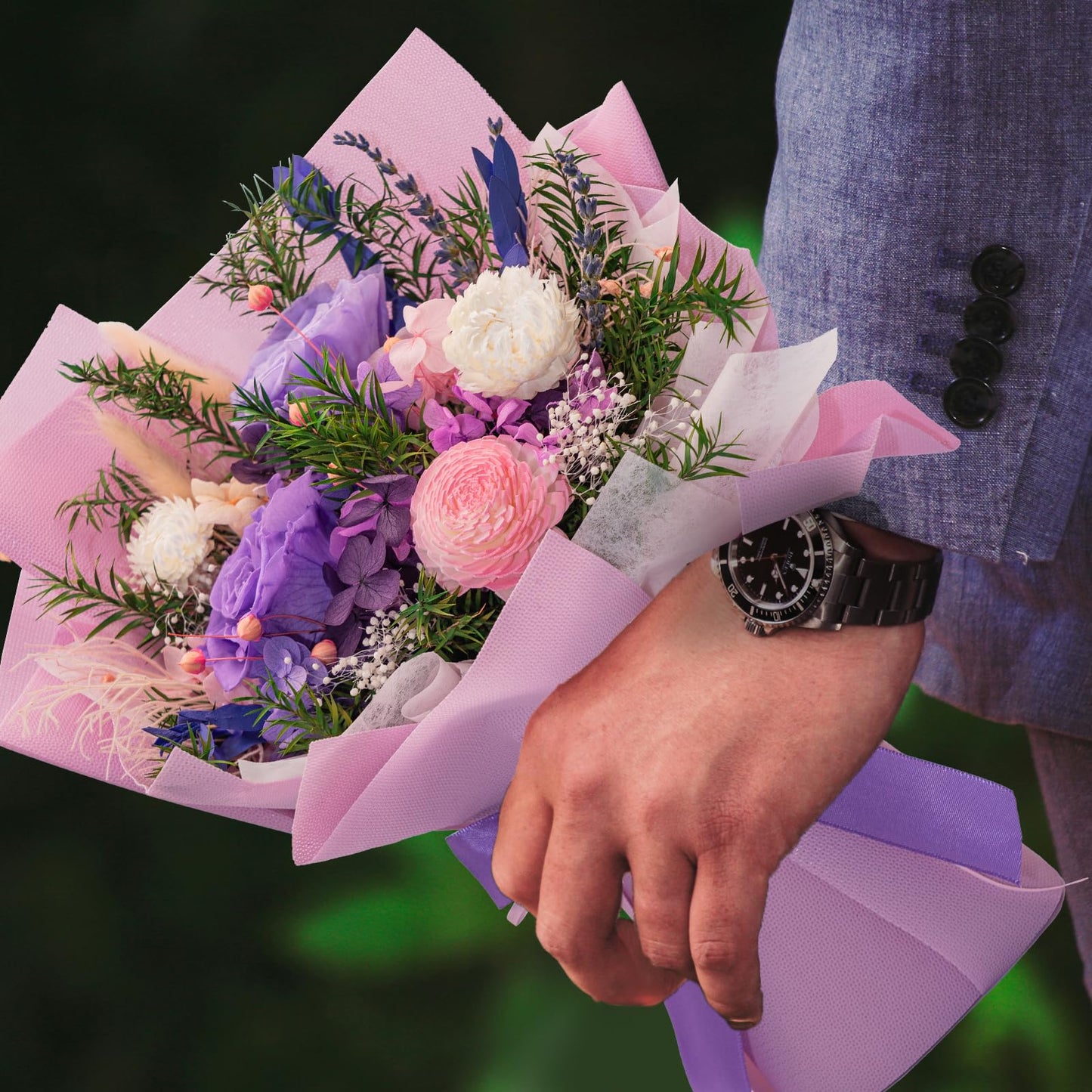 HUACHIPLUS Natural Eternal Flowers Gift: Preserved Flowers Bouquet, Anniversary, Birthday, Mom Gifts for her-Flowers for Delivery Prime-Purple Forever flower arrangement (Lilac)