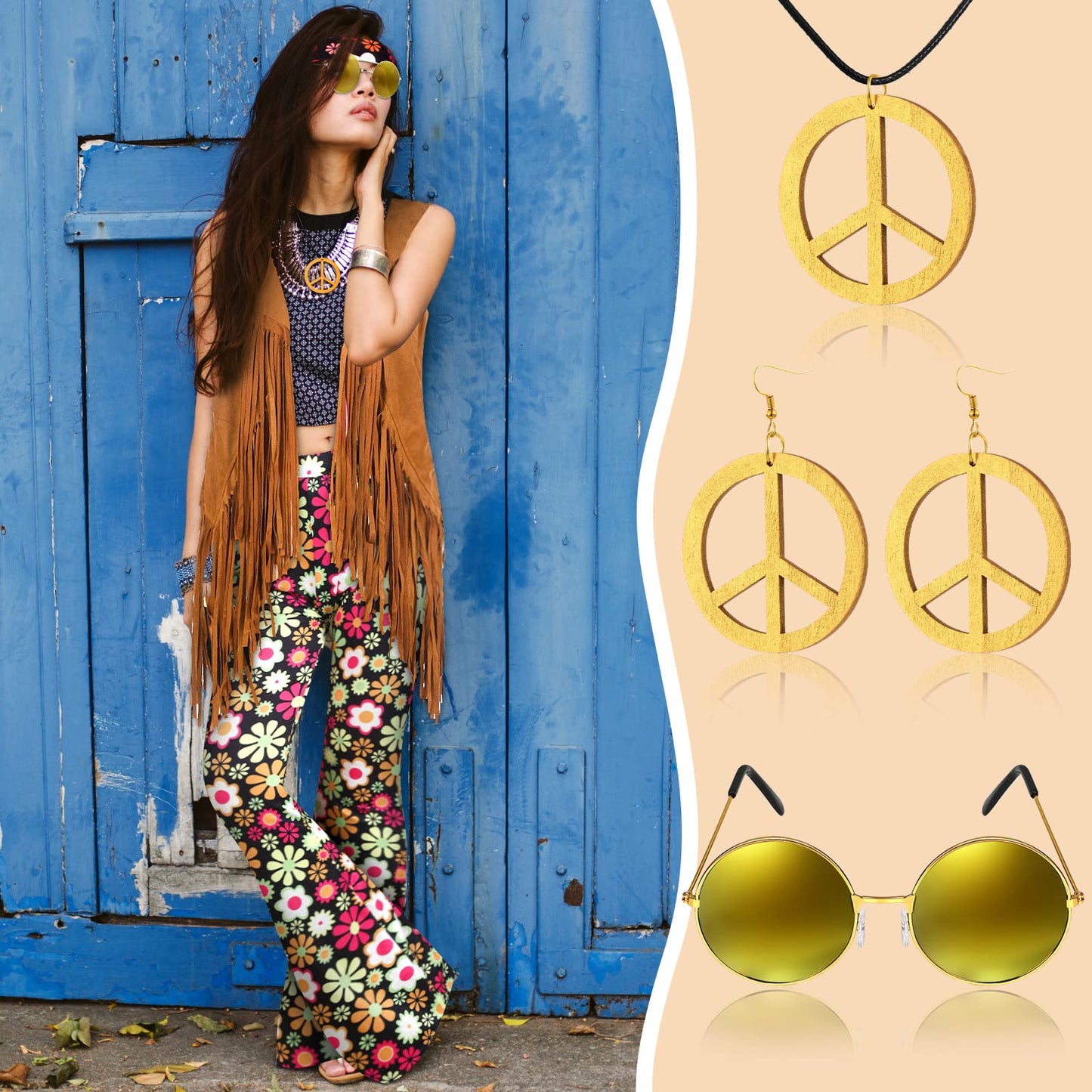 Haull 7 Pcs 60s 70s Outfits for Women Hippie Costume Set Boho Flared Pants Fringe Vest Peace Sign Accessories Set (Flower,XX-Large)