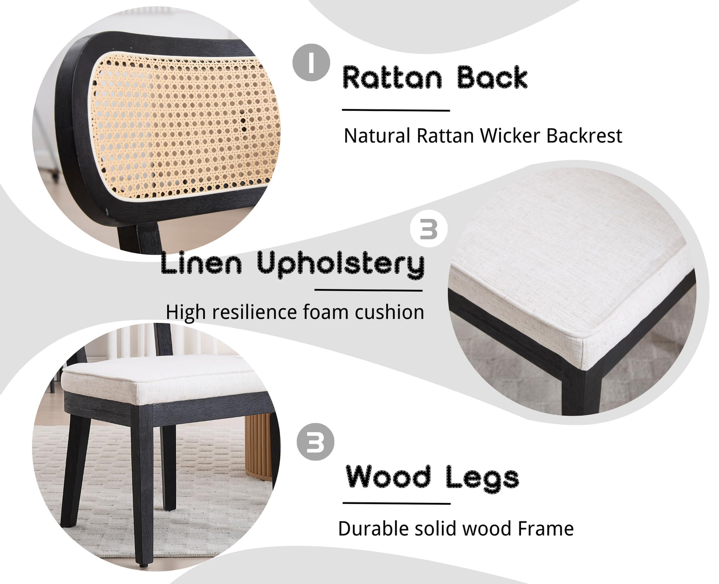 EALSON Mid Century Modern Rattan Dining Chairs Set of 4 Farmhouse Black Wood Kitchen Chairs with Cane Back Linen Upholstered Accent Armless Chairs for Dining/Living Room Restaurant, Beige