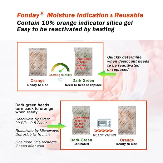 5g x 60 packs Fonday Rechargeable Silica Gel Desiccant Packets Food Grade Fast Reactivate Desiccant Bags Moisture Indicating Orange to Green