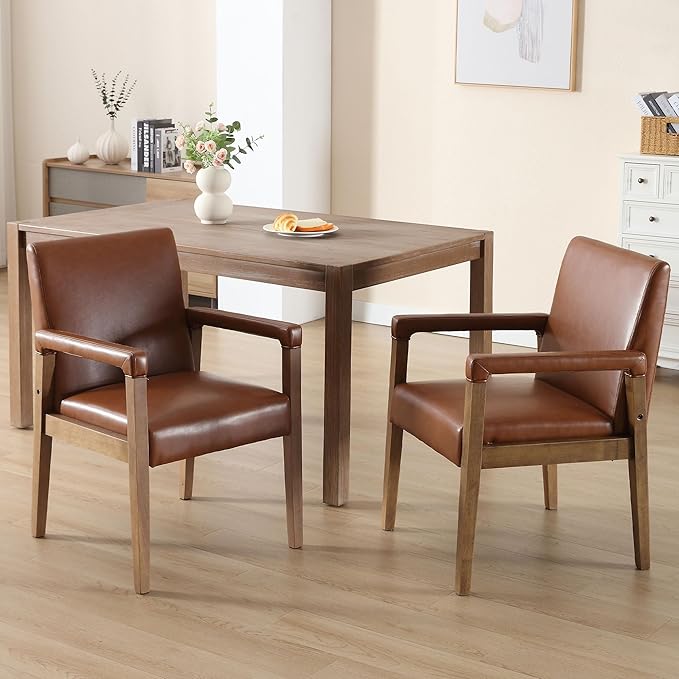 DM Furniture Mid Century Modern Dining Chairs Set of 2 Faux Leather Upholstered Accent Chairs Comfy Kitchen Chairs with Solid Wood Frame Armchair for Living Room, Brown