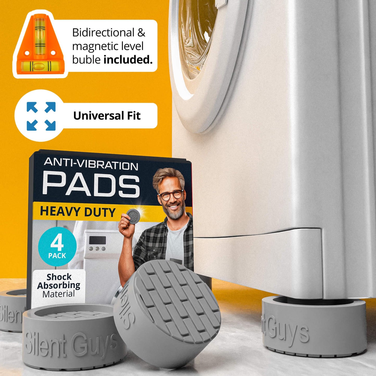 Silent Guys Anti Vibration Pads for Washing Machine (4 Pack) – Heavy Duty Washing Machine Anti-Vibration Pads, Universal Washer Feet, Grey Anti Vibration Mat