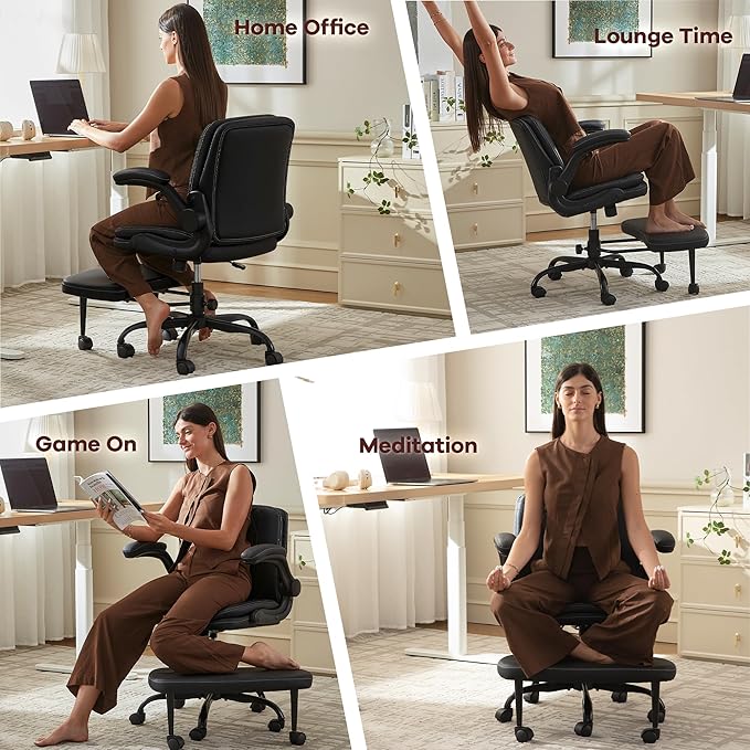 AreShark Cross Legged Office Chair: ADHD Criss Cross Desk Chair with Wheels & Stretchable Rotating Footrest - Height Adjustable Wide Yoga Kneeling Meditation Chair with Flip-up Armrests Back Support