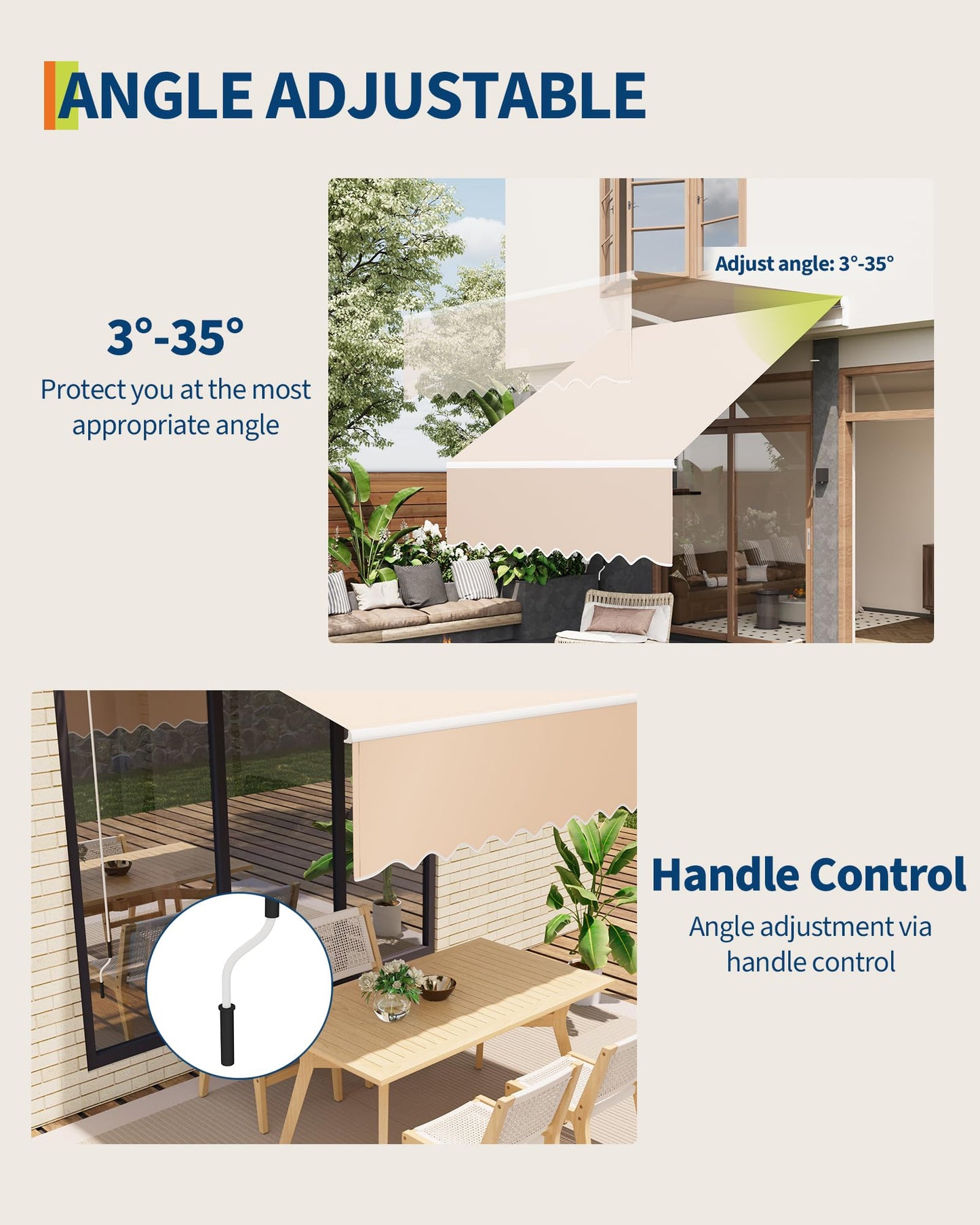 GarveeLife 10'x8' Retractable Awnings for Patio, Manual Patio Awning for Outside with Sturdy Aluminum Frame, Fade and Tear Resistant Fabric,Crank Handle, for Patio, Deck, Garden, Beige