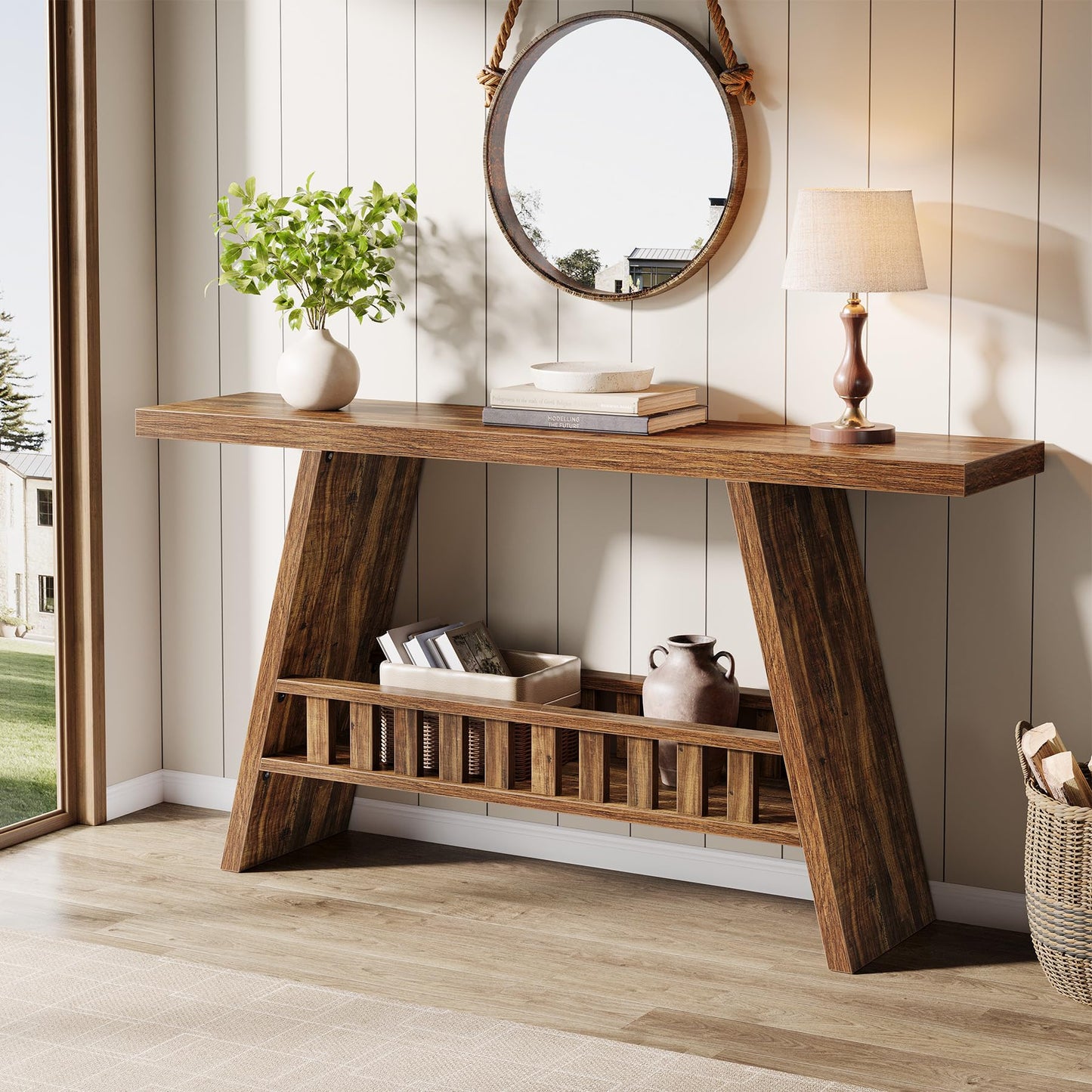 Tribesigns 63-Inch Long Entryway Console Table, Farmhouse 2-Tier Narrow Sofa Table Behind The Couch for Living Room, Hallway, Rustic Brown