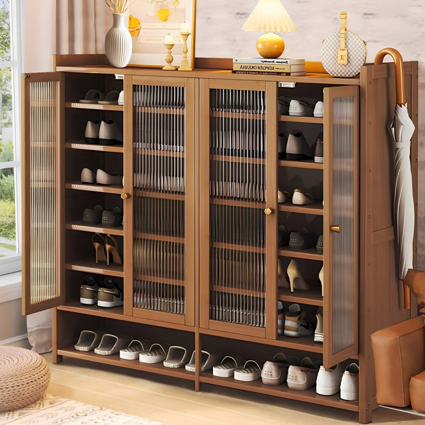 Bamboo Shoe Cabinet, 8-Tier Shoe Storage Cabinet with Doors, Freestanding Bamboo Shoe Rack Organizer with Shelves for Entryway, Hallway, Closet, Living Room (Brown-5)