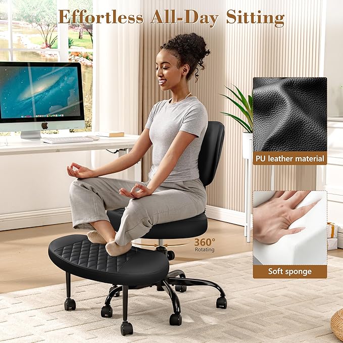 AtHope Ergonomic Cross Legged Office Chair with Wheels - Adjustable Height for Meditation, ADHD Desk & Yoga - Wide Criss Cross Design with Lumbar Support, Kneeling Chair - Upgraded Black