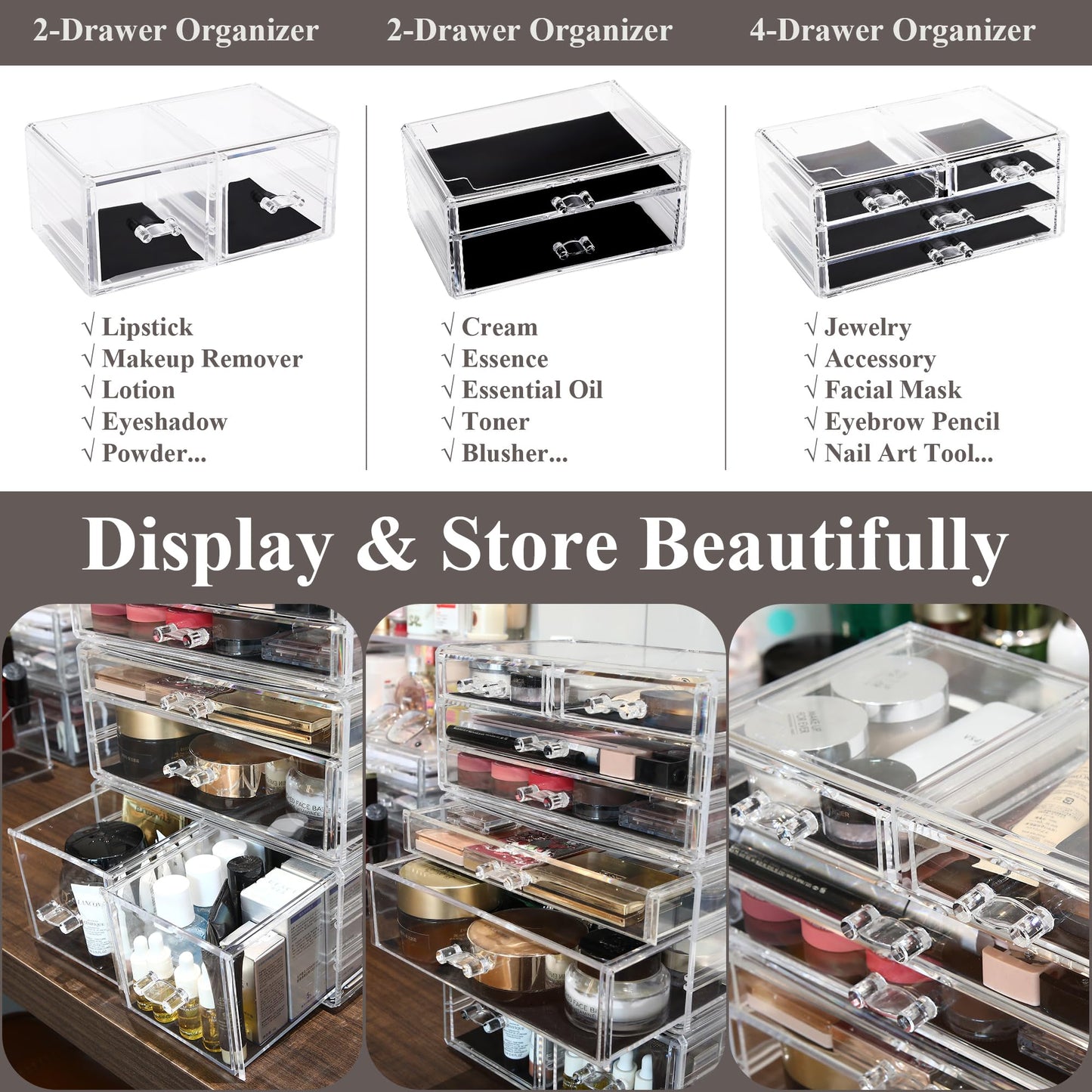 Sea Team 3-Layer Stackable Clear Makeup Organizer with Drawers, Acrylic Plastic Cosmetic Display Case, Jewelry Storage Box, Hold