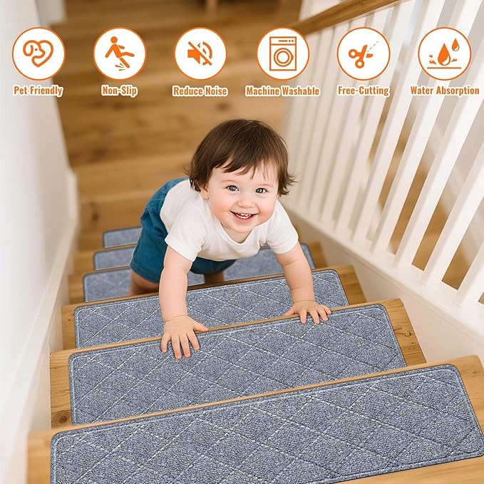 Stair Treads Non-Slip for Wooden Steps, 15Pack - 8" x 30" Edging Stair Runner Indoor for Kids Elders & Pets, Washable Carpet Stair Treads with Peel & Stick Reusable TPE Backing, Grey