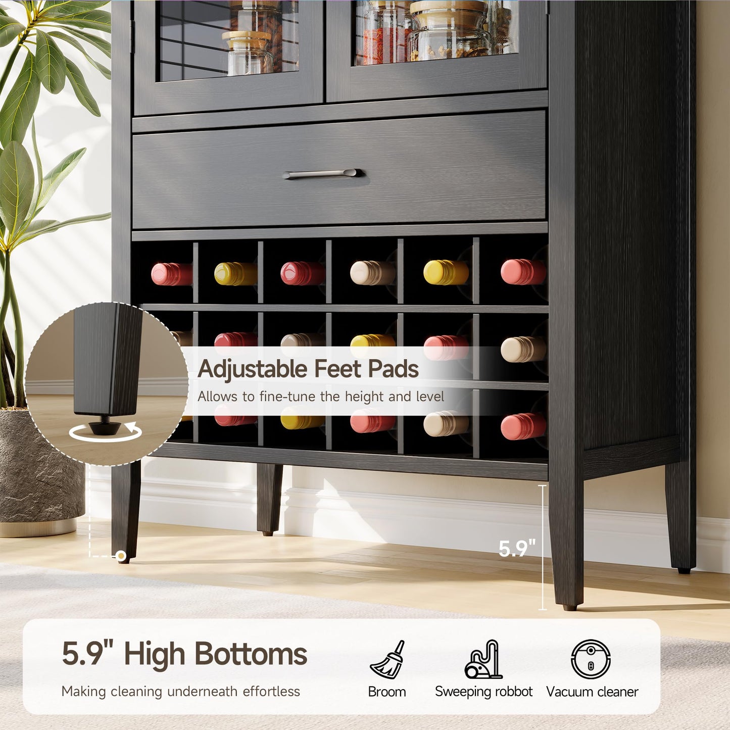 ONBRILL 71" Tall Arched Wine Bar Cabinet with Storage, Bar Cabinets with Doors and Shelves, Liquor Cabinet for Home, Kitchen Pantry for Dining Living Room (Black)