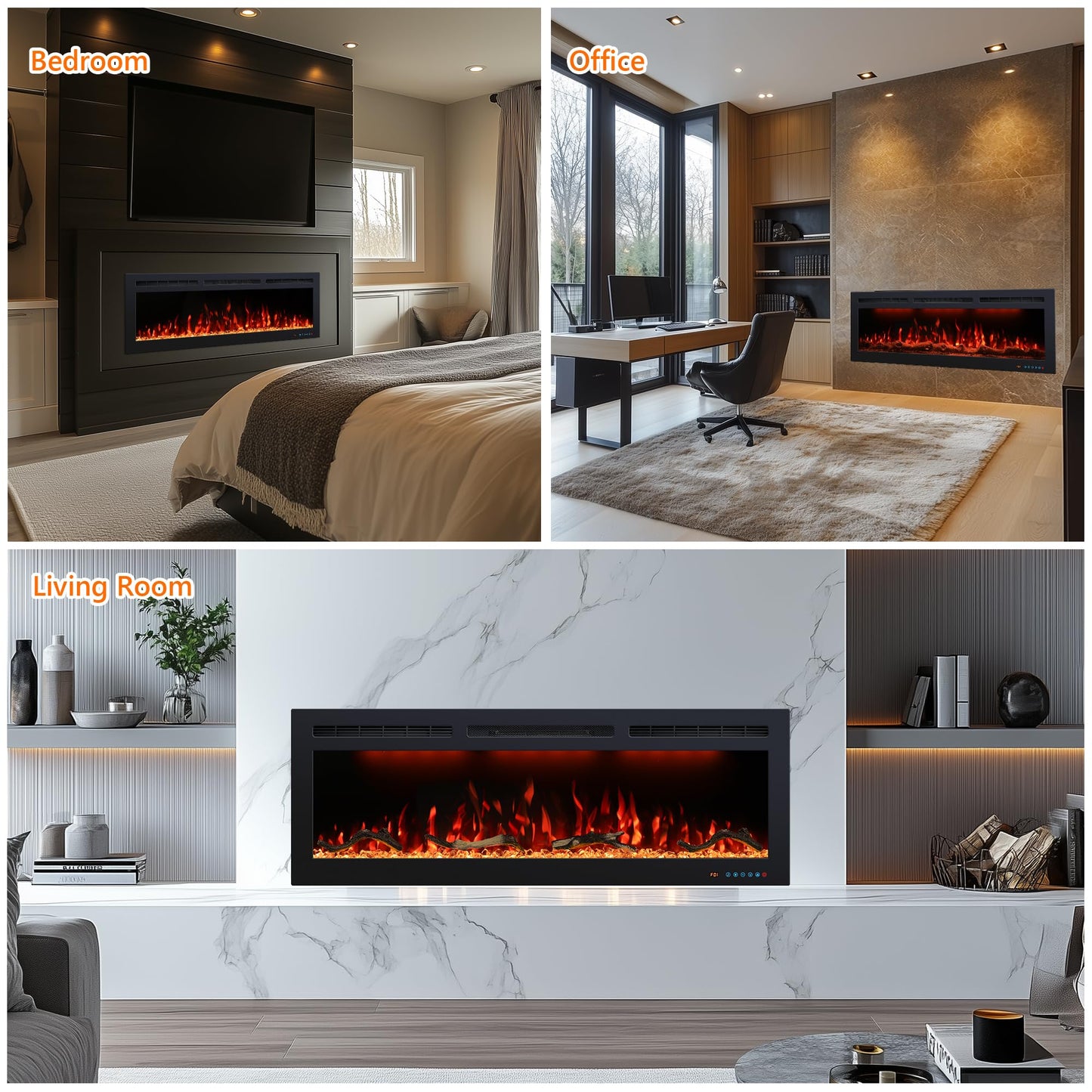 72 inch Electric Fireplace Heater, Smart Control via Alexa& App, Recessed and Wall Mounted Fireplace Insert with Multicolor Realistic Flame Effects,Crackling Sound and Logs& Crystal,5100Btus, Black