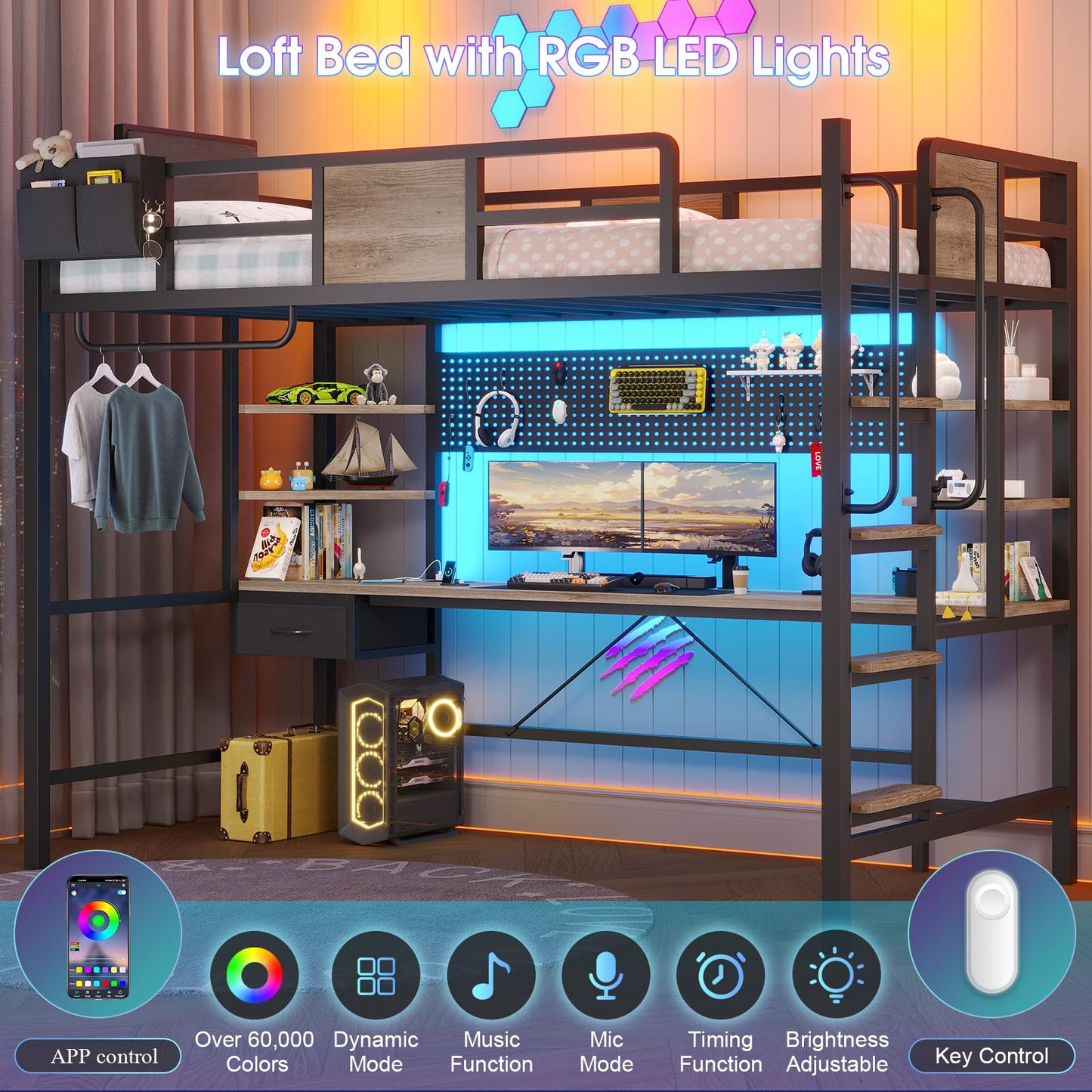 Loft Bed with Desk, Twin Bunk Bed with Desk Underneath,Loft Bed with Stairs,LED Lights and Charging Station,Safety Guard & Ladder & Fabric Drawer, loft Bed Twin Size No Box Spring Needed, Oak Gray