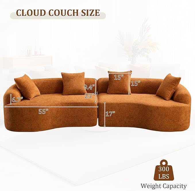 110" Oversized Modern Curved Cloud Sectional Sofa, Luxury Plush Chenille 4-Seater Deep Wide Seat Couch with 4 Pillows, No Assembly Needed Apartment Living Room Furniture, Beige