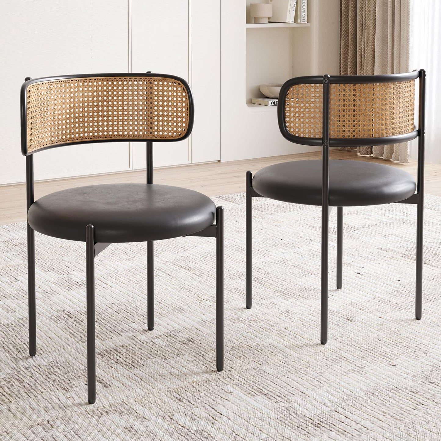 Farini Dining Chairs Set of 4, PU Leather Upholstered Seat with Woven Rattan Back, Sturdy Metal Legs Modern Side Chairs for Kitchen Living Room Restaurant, Black