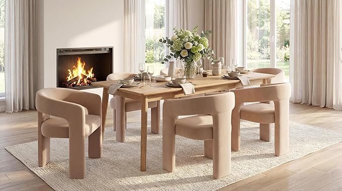 DAYALANE Modern Barrel Dining Chairs Set of 4, Upholstered Velvet Dining Room & Kitchen Chair with Curved Back, Comfy Accent Side Reading Armchair for Living Room Bedroom Kitchen Home Office, Khaki