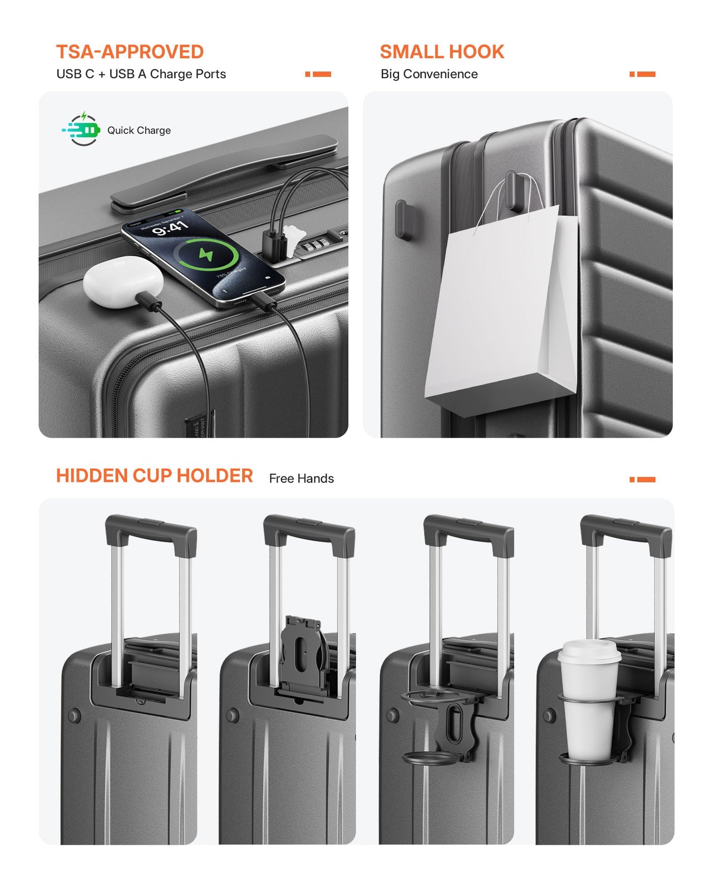ISLAND ELEPHANT Expandable 20Inch Carry On Luggage Airline Approved - Top Opening Hardside Travel Suitcase Unbreakable -with Cup Holder,USB Charge,Side Pothook, 360°Spinner Wheels, TSA Lock-Grey