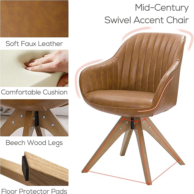 Art Leon Dining Chair - Mid Century Modern Swivel Dining Room Chair, Faux Leather Upholstered Arm Chair with Wood Legs for Living Room, Terracotta