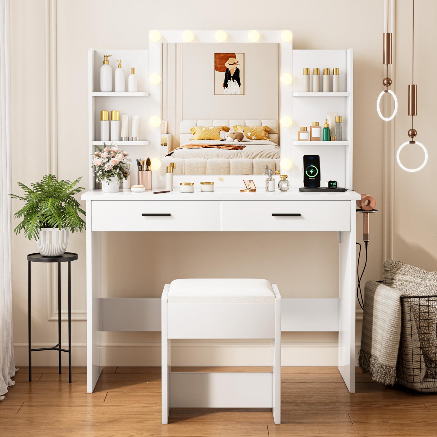 KAMABOKO Makeup Vanity with LED Lighted and Large Mirror, Vanity Desk with Drawers & Power Outlet, 3 Lighting Colors, Dressing Table with Cushioned Stool, White