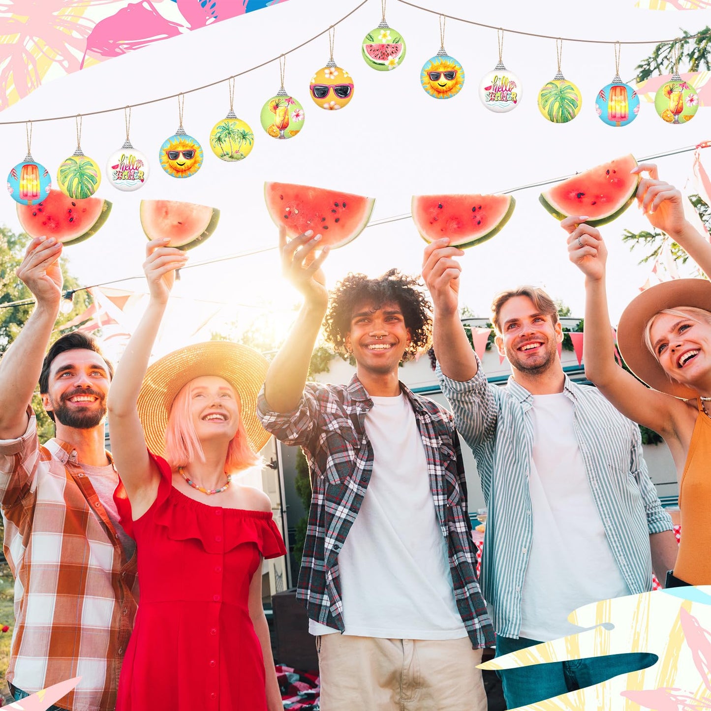 Outus 16 Pcs Summer Tree Ornaments Ball Hawaiian Style Ball Decoration for Tree for Summer Watermelon Tropical Leaf Coconut Palm Farmhouse Home Fireplace Holiday Party Favors Decor