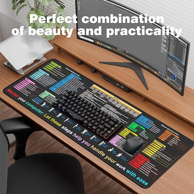 Excel Cheat Sheet Desk pad—Contains 12 Types of Common Skills in Excel and Word|Large XL Size（35.45 * 15.75 inch）|Desk mat for Keyboard and Mouse|Work、Study、Gaming Mouse pad|Waterproof、Anti-Slip