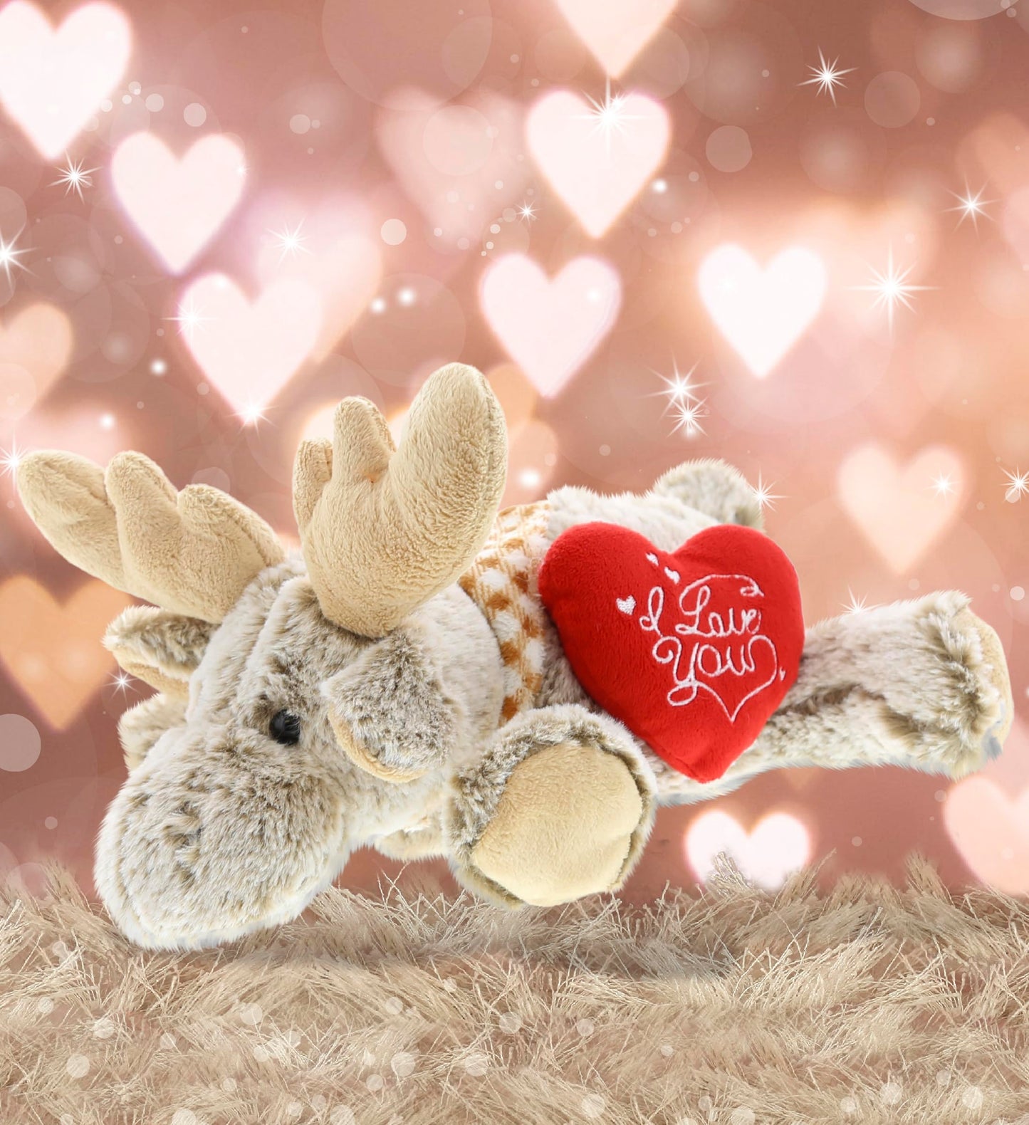 DolliBu I Love You Valentine Plush Lying Moose - Cute Stuffed Animal with Red Heart and Name Personalization Gift for Valentine's Day, Birthday, Anniversary, Romantic Date - 11 Inches