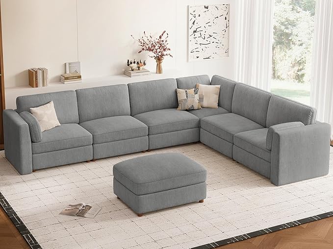CUGOAO 159'' Modular Sectional Sofa, Oversized L-Shaped Sectional Couch with Ottoman, Deep Seat Chenille Cloud Couch, Mordern Upholstered Couches for Living Room, Apartment, Office, Grey