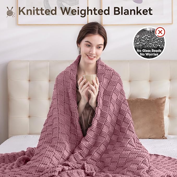 Knitted Weighted Blanket for Adult, No Beads Heavy Blanket 50” x 60'' 7lbs, Breathable Chunky Knit Blanket, Cooling Weighted Blanket for Hot Sleepers, Christmas Home Decor (Pink)