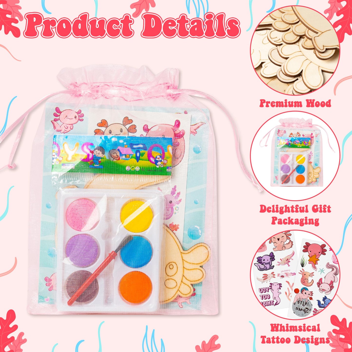 BeYumi Axolotl Party Favors Set - 24Pcs Axolotl Birthday Party Supplies Tattoo Stickers and Watercolor Paint Craft Kit Birthday School Classroom Goodie Bags Stuffers Prize Gifts for Kids Girls Toddler