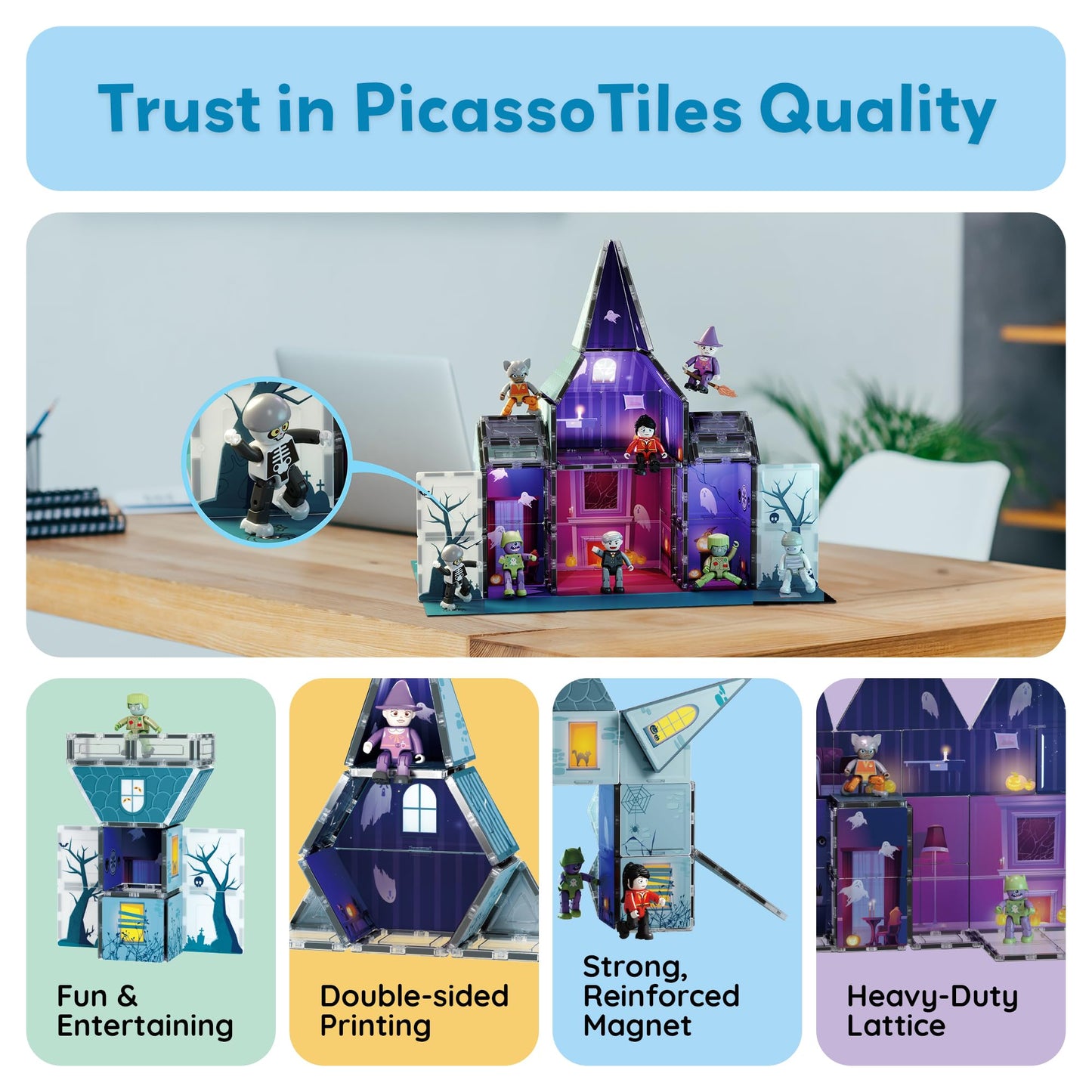 PicassoTiles Haunted House Theme Magnet Tile Building Blocks 8 Action Figures Magnetic Construction Toy Double Sided Printing Education STEM Learning Playset Halloween Adventure Kid Ages 3+ PTQ03