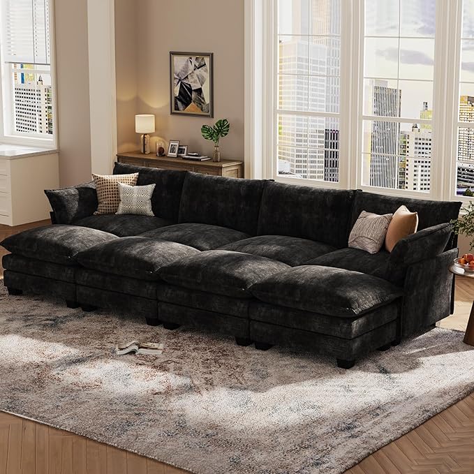 KKL 120" Huge Modular Sectional Sofa Bed, 8 Seater Convertible J/L/U-Shaped Sleeper Cloud Couch with Ottoman, Chenille Sectional Couches for Living Room, Apartment, Black