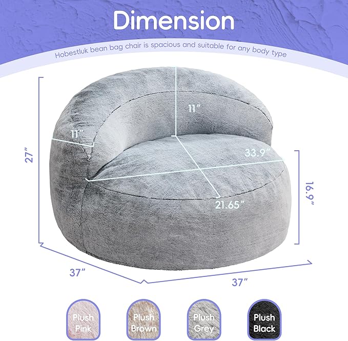 Hobestluk Bean Bag Chair Giant Bean Bag Chairs for Adults Big Bean Bag Chair with Memory Foam Filler Adults Large Beanbag with Faux Fur Cover for Bedroom (Plush Grey,Large)