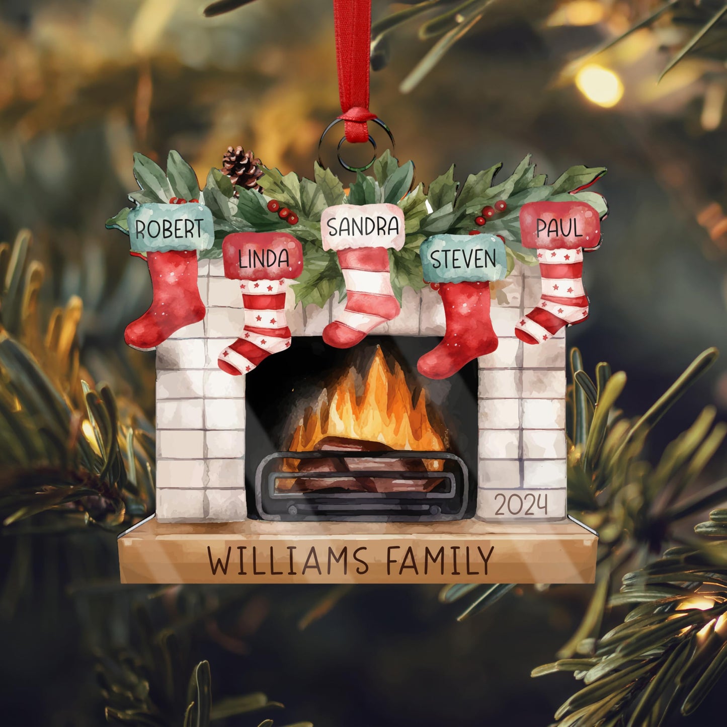 Christmas 2025 Family Ornaments Personalized - Up to 7 Names - Custom Fireplace Mantle Ornament w/Names, Family Christmas Tree Ornament, Personalized 2024 Xmas Ornaments