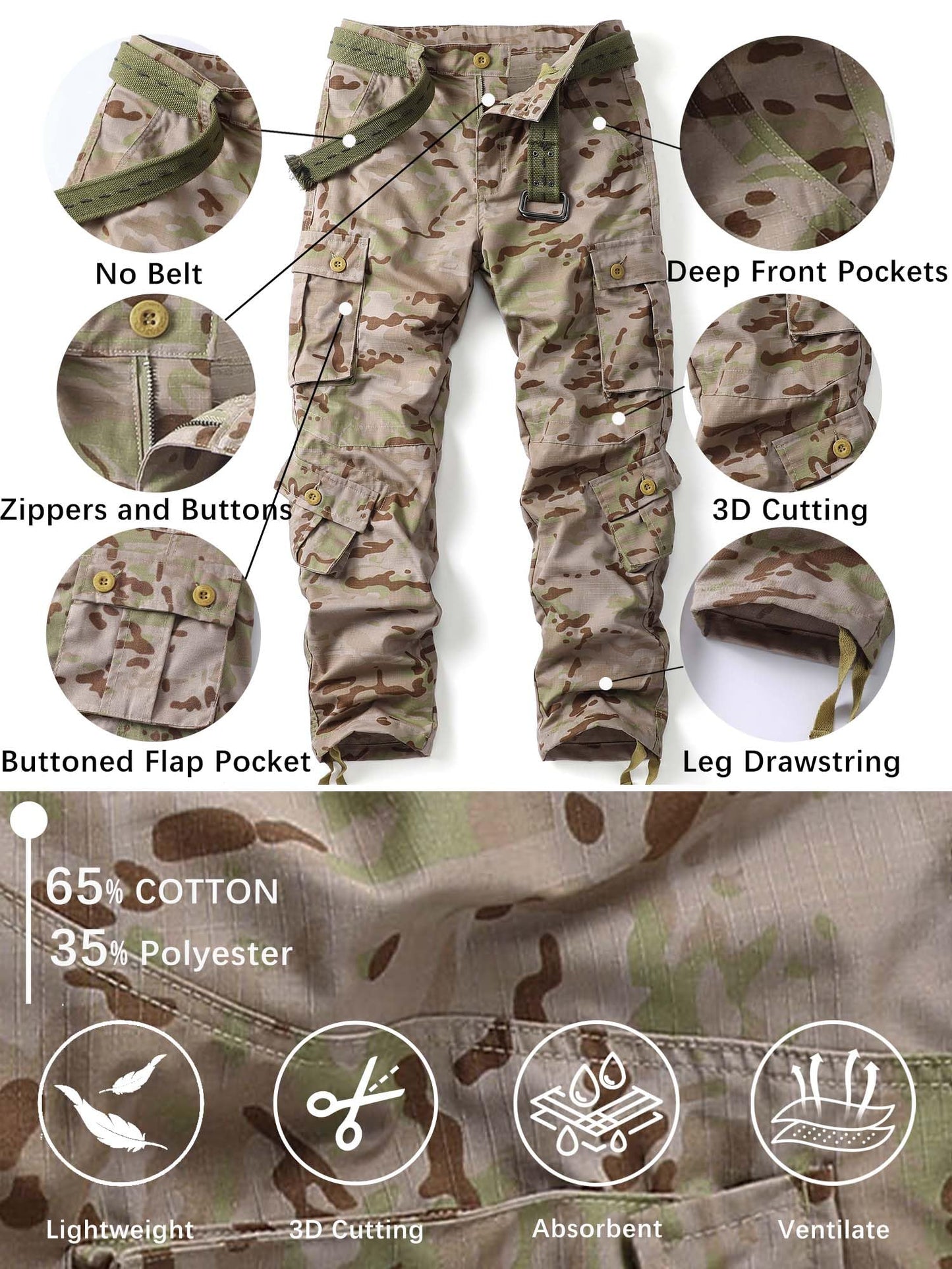 AKHIKING Men's Camo Cargo Work Pants Ripstop Lightweight Wild Army Military BDU Outdoor Trousers with 8 Pocktets (No Belt) 28