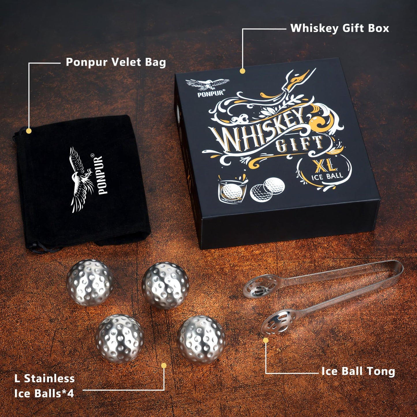 PONPUR Men's Golfer Gifts, Chirstmas Anniversary Birthday Gifts for Dad Him Husband, 4 Whiskey Golf Balls with 1 Tongs, Reusable Stainless Steel Golf Ice Balls Whiskey Gift for Golf Lover