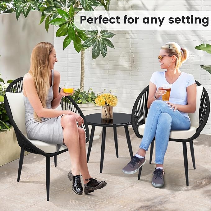 wildformers 3 Pieces Bistro Set, Woven Rope Chair with Cushions, All Weather Patio Conversation Set and Side Table, Ideal for Deck, Balcony, Poolside, Black