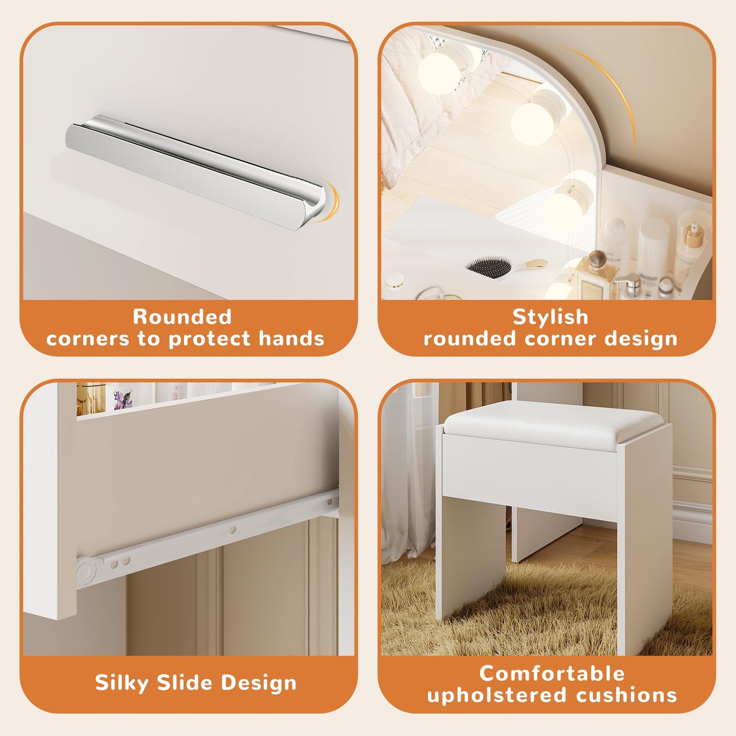 Small Makeup Vanity Desk with Mirror and Lights, 26.4" Small Vanity for Small Space with Stool and Charging Station, Compact Vanity with 3 Color Lighting Modes (White)