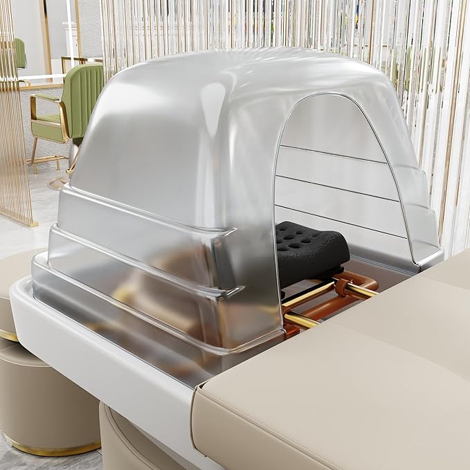 pouseayar Stationary Head Spa Massage Table with Water Cycle & Fumigation Salon Equipment for Beauty Head Spa Physical Therapy Massage, Stainless Steel Gold Color-Plated Frame, Beige Gray PU Leather