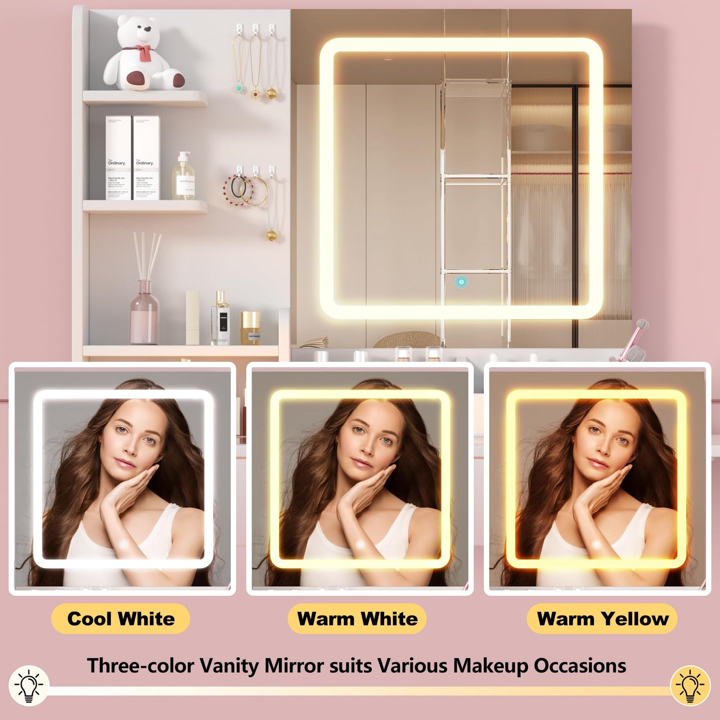 Furnistar Vanity Desk with 3-Colors LED Lights-Mirror and Stool Vanity Set with Power Strip Makeup Vanity with one Cabinet and Two Drawers Dressing Table Set for Women White