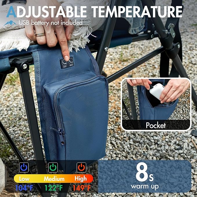 Portal Heated Camping Chairs for Adults Outdoor Sports Oversized Folding Lawn Chair with High Back, Heavy Duty 400 Lbs, Battery Not Included, Blue