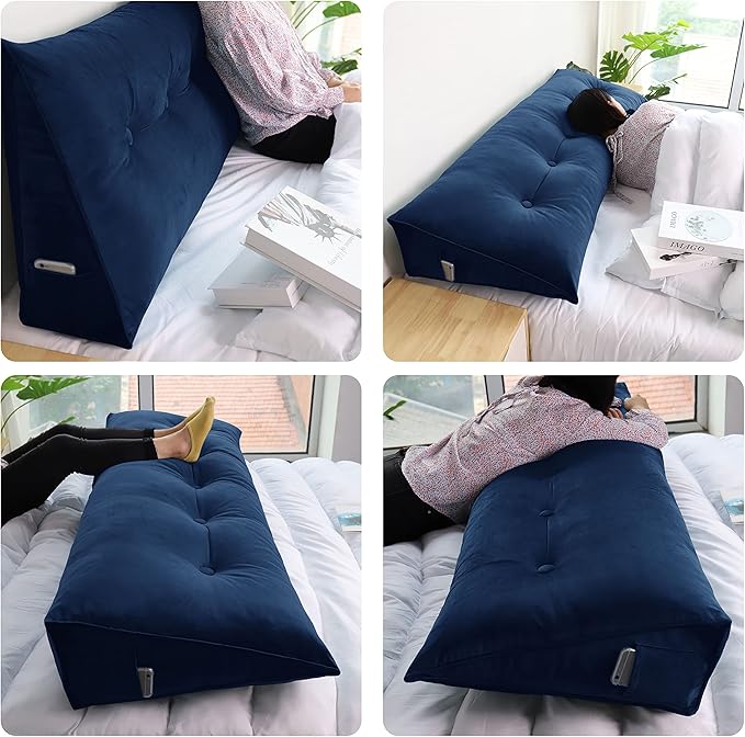 Wedge Headboard Pillow Dorm Room Reading Pillow Back Support for Sitting Up in Bed Bolster Lumbar Cushion Body Positioning Bedrest Velvet 59in Navy Blue Queen