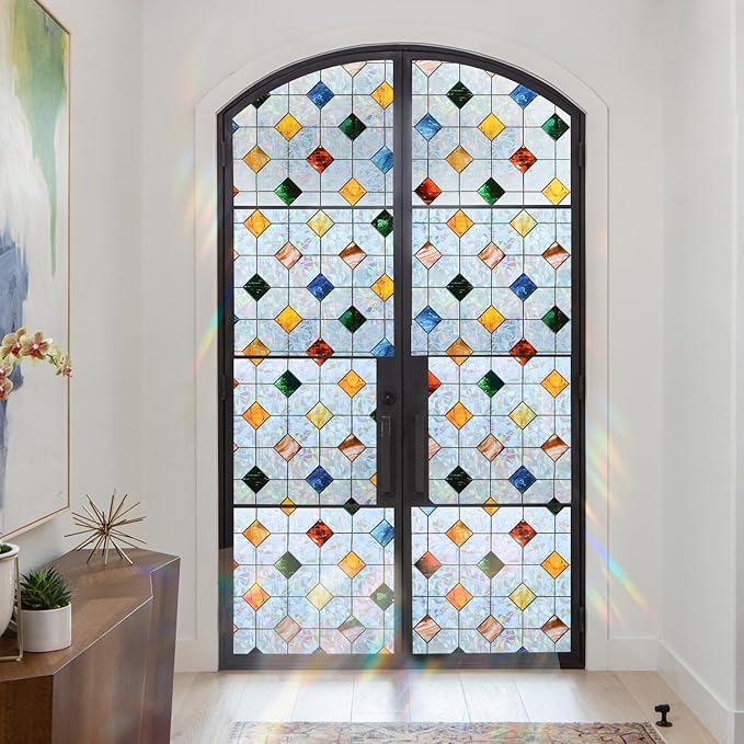 DKTIE Colorful Gem Lattice Pattern Decorative Window Privacy Film Rainbow Stained Glass Window Film Classroom Decor Renter Friendly Decor (S533, 35.4in X 78.7in)
