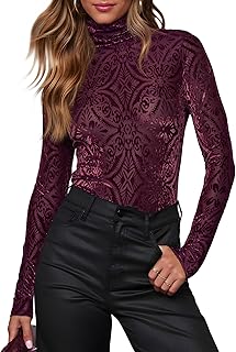 OMSJ Womens Velvet Burnout Tops Slim Fit Turtleneck Top Long Sleeve Semi See Through Elegant Shirts