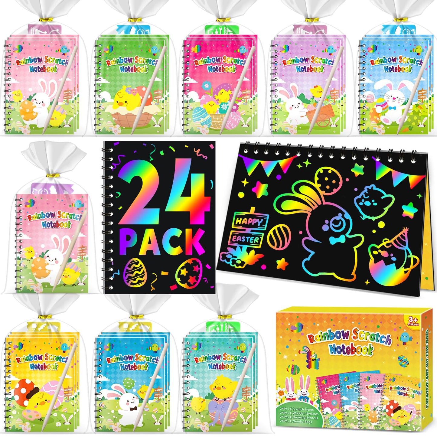Party Favors for Kids 4-8-12: 24 Pack Scratch Rainbow Art Crafts Notebook, Coloring Book Goodie Bags Stuffers Kit, Bulk Birthday Gift Classroom Prizes Girl Boy Toddler Easter