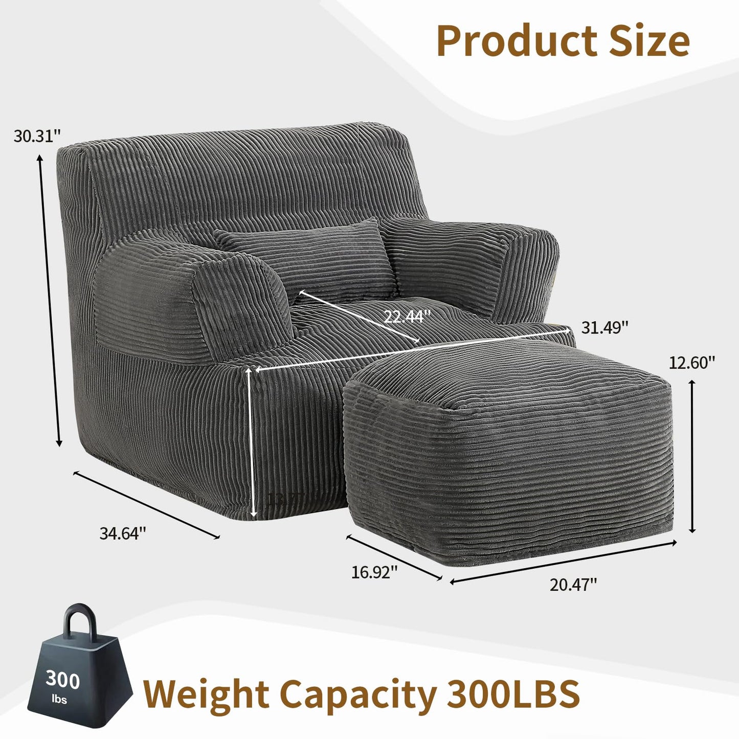 MOMCAYWEX Comfy Gaint Bean Bag Chair with Ottoman, Huge Bean Bag Armchair for Adults and Teens, Dark Grey