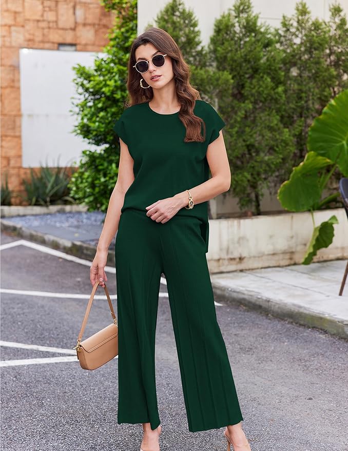 Ekouaer Lounge Sets for Women Two Piece Outfits Knit Cap Sleeve Tops Wide Leg Pleated Pants Casual Dressy Sweater Sets